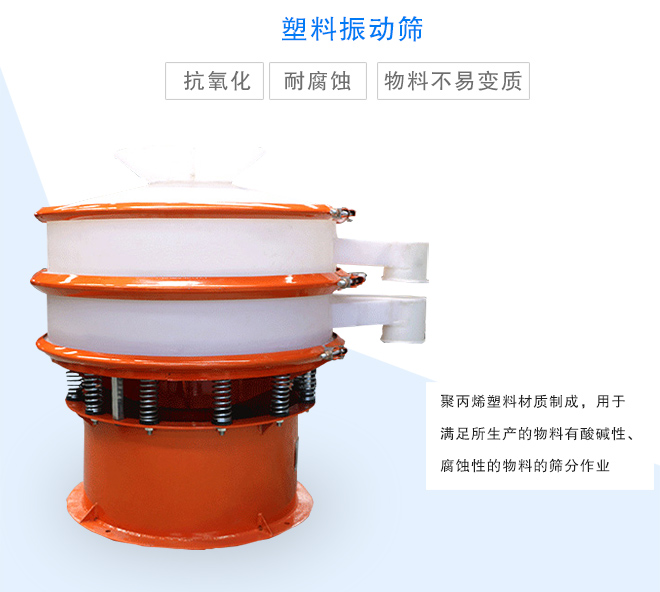 塑料振動篩是采用聚丙烯材料制成的，可以用于酸堿性，腐蝕性物料的篩分作業