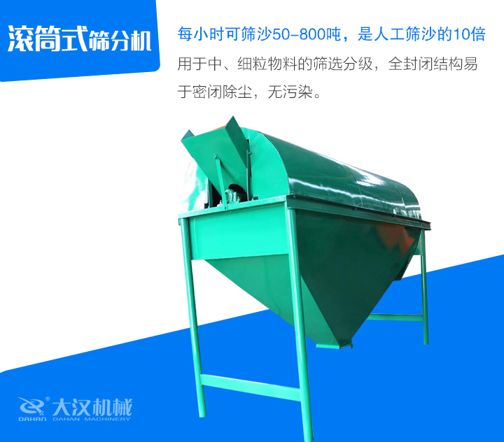 滾筒式篩分機用于中、細粒物料的篩選分級，全封閉結(jié)構(gòu)易 于密閉除塵，無污染。